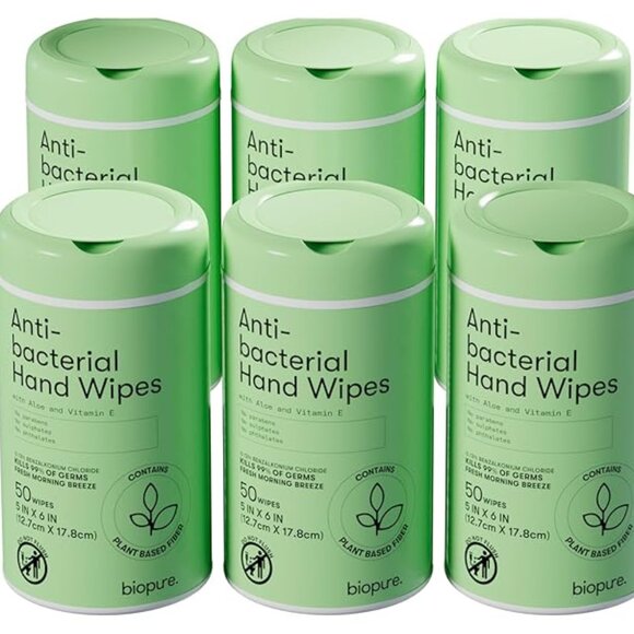 Lot of 6 Biopure Anti-Bacterial Hand Wipes, 50 ct. in each Canister Total 300 - Picture 1 of 7